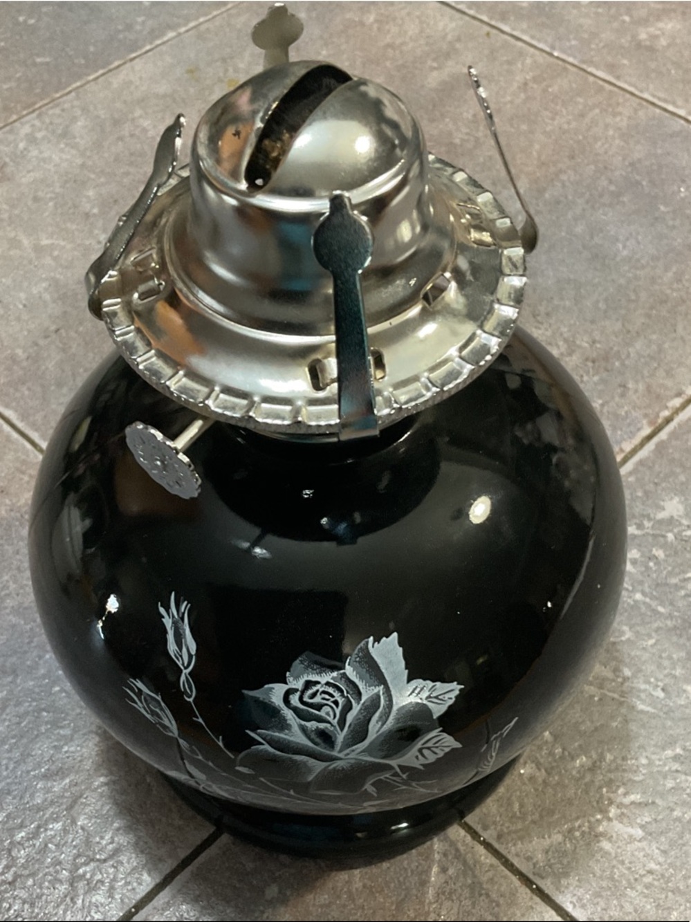 Black Floral Glass Oil Lamp with Silver Burner